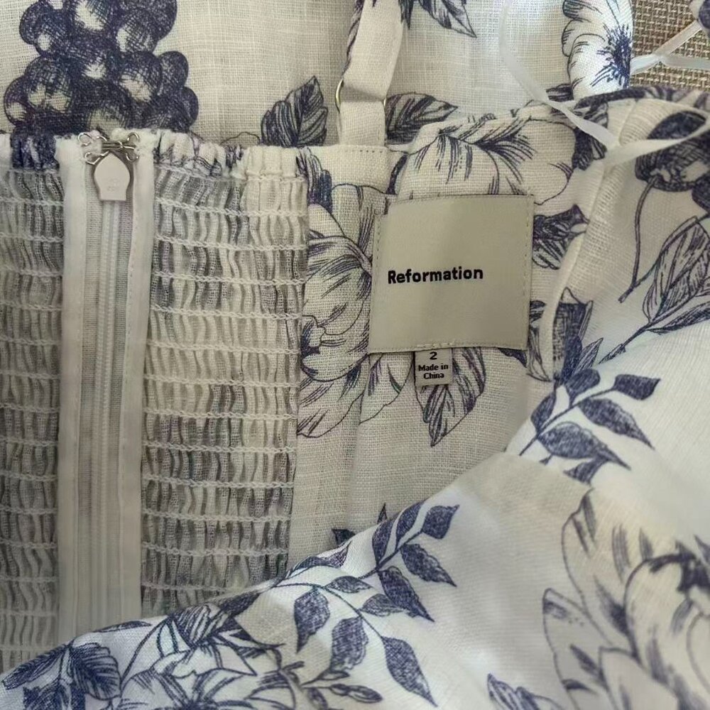 Reformation Katarin Linen Midi Dress Sz2 Carla Blue White Floral Casual Party - Picture 8 of 12